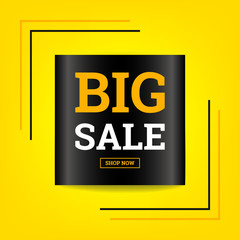 Big sale. Square black discount banner on a yellow background. Vector illustration. Design for paper, prints, brochures, covers, banners etc.