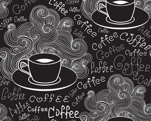 Beautiful beverage vector seamless pattern with hand drawn coffee cups and handwritten words "Coffee" 