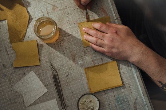 Man Working At Manufacture Of Craft Leather Products