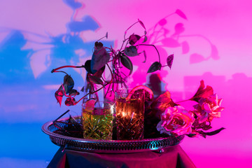 tiki tropical theme tray of drinks with flowers