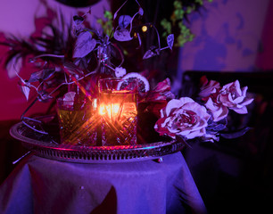 tiki tropical theme tray of drinks with flowers