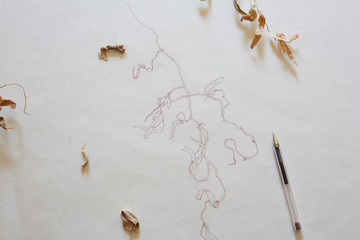 Artist table with drawing and real plants