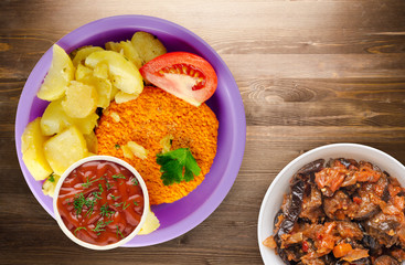meatball  with potatoes on a wooden background