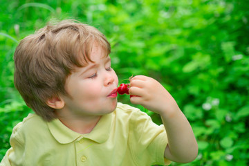 Gourmet. Delight in taste. The boy eats cherries and enjoys. The tastiest food. Child on nature background. Healthy snack with vitamins.