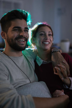 Couple In Love Watching Movies At Home