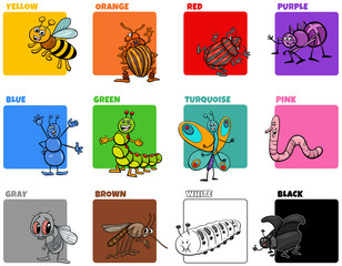 basic colors set with cartoon insect characters