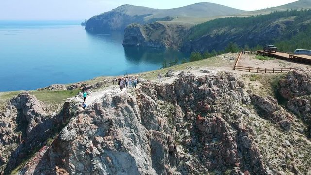 The Cape of the island Olkhon, lake Baikal. The Nature Of Russia. Aerial video shot. Drone over the rocks.