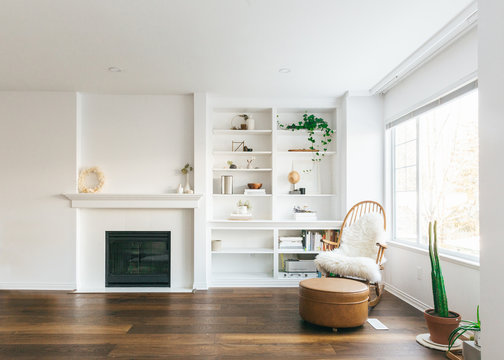 Beautiful interiors of minimal home with bookshelf, furniture, fireplace and plants