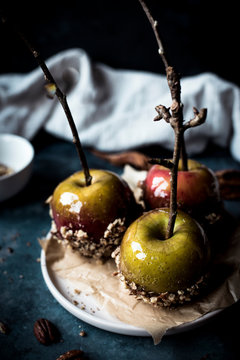 Toffee Apples Dipped In Crushed Pecans