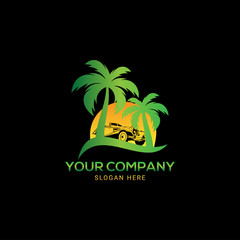 Fototapeta premium Summer colorful logo template vector with tree, sun and car