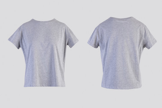 Blank light gray female t-shirt Isolated on white background front and back rear view on invisible mannequin