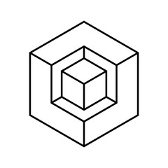 3D isometric box shape outline. Small cube in a big cube. Abstract dimensional box object. Linear square geometric figure. Cube in a hexagon optical illusion. Box in a niche. Visual trick. Vector