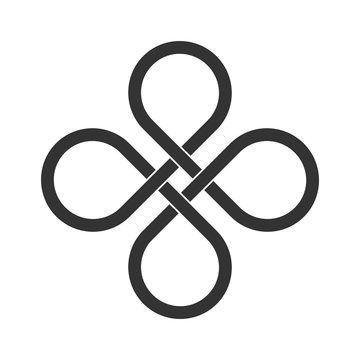 Infinite loop icon. Clover leaf knot. Endless loop sign. Celtic interlocking knot. Old ornament strip. Eternity line. Interconnected circular shapes. Bowen cross symbol. Vector illustration, clip art.