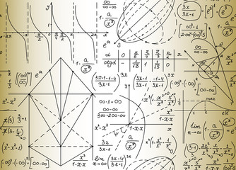 Math vector seamless pattern with handwritten formulas, calculations, figures, chalk writings on blackboard effect