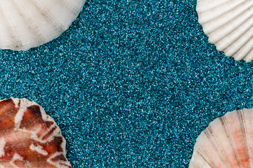 Seashells On A aqua blue Glitter Background. Sea shell frame