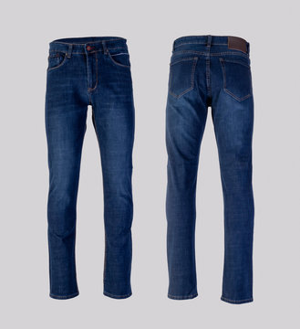 Men blue jeans isolated on white background, front and back view