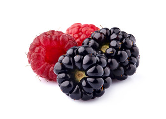 Raspberry with blackberry Isolated on White Background. Ripe berries isolated.