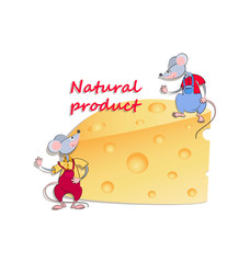 Cartoon mice. Cheese. Natural product. Year of the rat. Animal, rodent. Vector illustration isolated on a white background. Chinese zodiac horoscope.