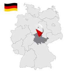 Location of  Thuringia on map Federal Republic of Germany. 3d Thuringia location sign similar to the flag of Thuringia. Quality map of Germany with regions. EPS10.