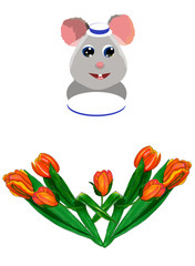 Naklejka premium beautiful gray mouse with blue eyes in a white hat with a translucent veil and in a white dress. Tulips are drawn by hand with markers. Making greeting cards, etc.