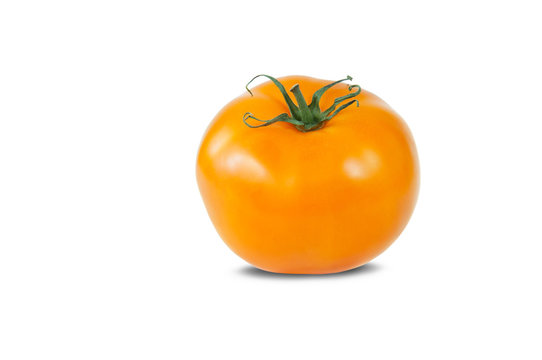 One yellow tomato isolated on a white background.