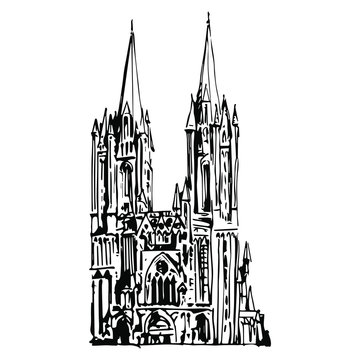 Isolated vector illustration. Facade of a Gothic Coutances Cathedral in France. (Notre-Dame de Coutances). Hand drawn linear ink sketch. Black silhouette on white background.