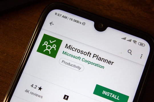Ivanovsk, Russia - July 07, 2019: Microsoft Planner app on the display of smartphone or tablet.