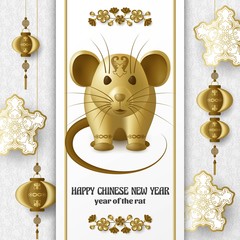 Creative golden rat, the symbol of Chinese New Year 2020. Background with sakura branches with flowers and hanging lanterns. Gold colored template