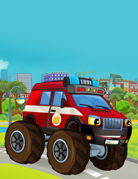 cartoon scene with fireman vehicle on the road - illustration for children © honeyflavour