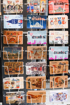 Postcards depicting the sights of Istanbul. Photo collection of postcards. Showcase with postcards