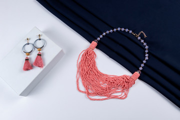 set of tassel earrings and multi layer chunky seed beads crystal beads stone light pink Mauvelous...