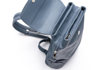 Fashion women leather blue backpack isolated on a white background.