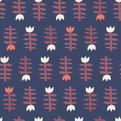 Tulips hand drawn color vector seamless pattern. Cartoon red and white flowers on blue background. Freehand tulip stems with leaves vector illustration. Textile, wallpaper, wrapping paper design idea