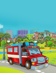 cartoon scene with fireman vehicle in the park near the city - illustration for children
