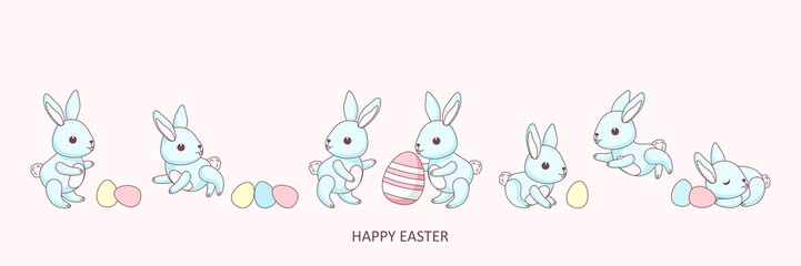 Big set of cute easter's babies bunnies and Easter eggs. Inscription "Happy Easter". Greeting card, vector banner