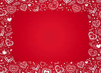 Vector red background with hand drawn creative hearts and flowers in folk style. Romantic frame.