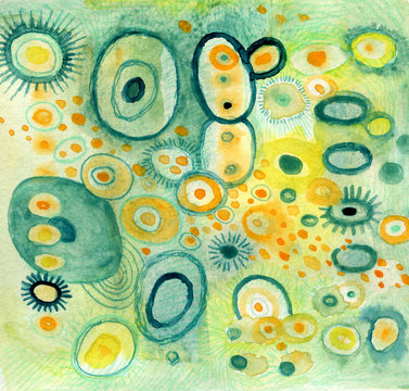 Watercolor colorful and bright abstract illustration with circles and dots. Amebas