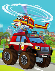 Obraz na płótnie Canvas cartoon scene with fireman vehicle on the road driving through the city and helicopter flying over - illustration for children