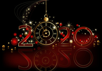 Happy New Year 2020 background, gold and red with clock
