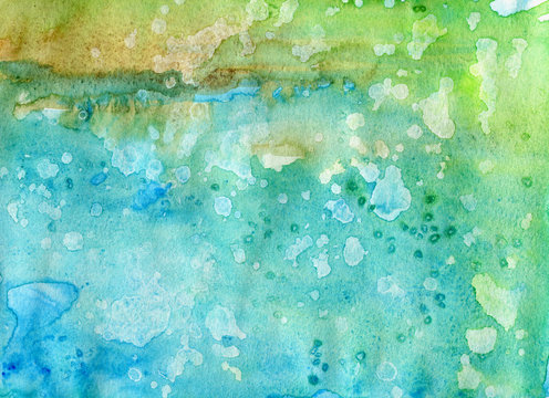 Original watercolor bright textures in blue and green