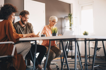 Multi-ethnic group of business-people sitting at desk in modern office and working on laptops.