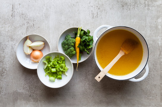 Vegetable stock with chopped vegetable ingredients