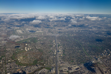 Toronto Aerial north from Dundas highway 427 intersection with 401 and Centennial Park and Pearson International Airport