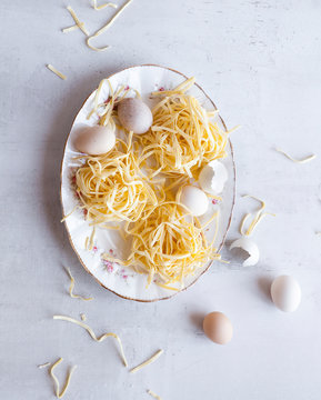 Bundles of raw homemade fettuccini pasta