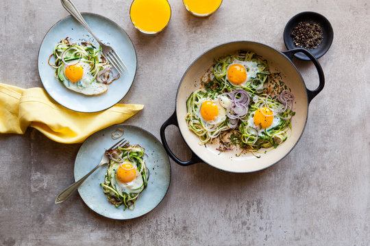 Spiralized zucchini nests with eggs