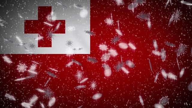 Tonga flag falling snow loopable, New Year and Christmas background, loop.