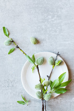 Fresh, green skin on almond nuts