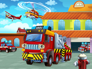 cartoon scene with fireman vehicle on the road near the fire station - illustration for children