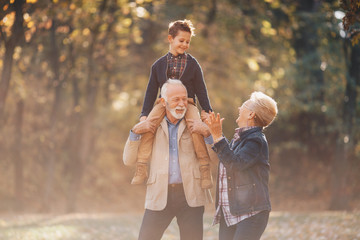 A wonderful day with their grandson. The grandparents are walking with their grandchild on his grandfather's shoulders, and the grandmom walking beside them, both showering the child with love. - obrazy, fototapety, plakaty