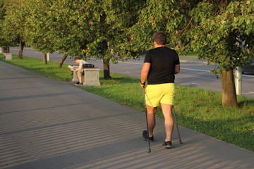Nordic walking, one man in black t-shirt and yellow shorts with ski poles walks in Park on a summer...